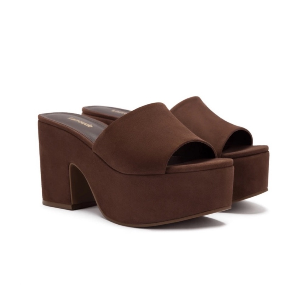 new Larroude miso brown cafe suede platform mule slide sandals